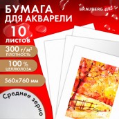 Бумага для акварели 300 г/м2 560x760 мм среднее зерно, 10 листов, BRAUBERG ART PREMIERE, 113238