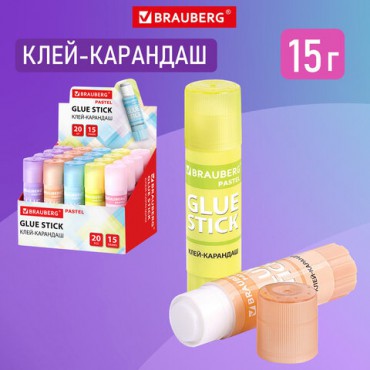 Клей-карандаш в пастельном корпусе BRAUBERG PASTEL, 15 г, PVP-основа, ассорти, 271249