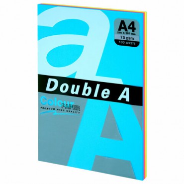 Бумага цветная DOUBLE A, А4, 75 г/м2, 100 л., 5 цветов x 20 л., микс неон