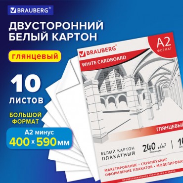 Картон белый БОЛЬШОГО ФОРМАТА, А2 МЕЛОВАННЫЙ (глянцевый), 10 листов, в папке, BRAUBERG, 400х590 мм, 124764